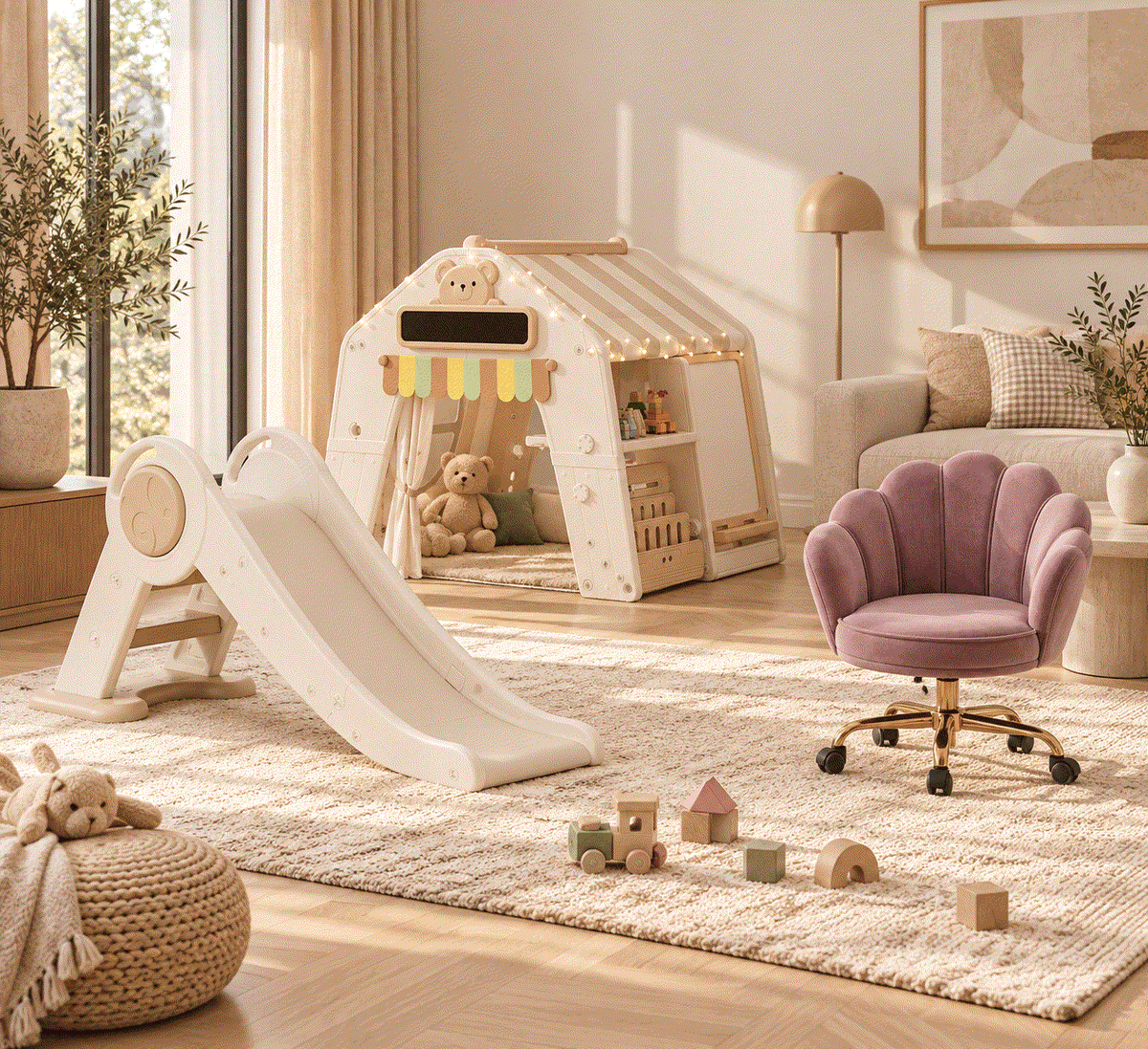 Russle Favorieten: houten kinderspeelhuis met glijbaan, speelgoedblokken en paarse kinderstoel met schelpvormige rugleuning