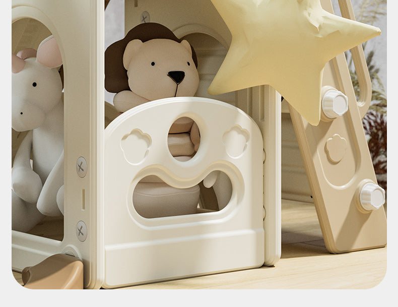 Speeltoestel Toren 3 in 1 crème bruin met glijbaan voor kinderen binnen en buitengebruik