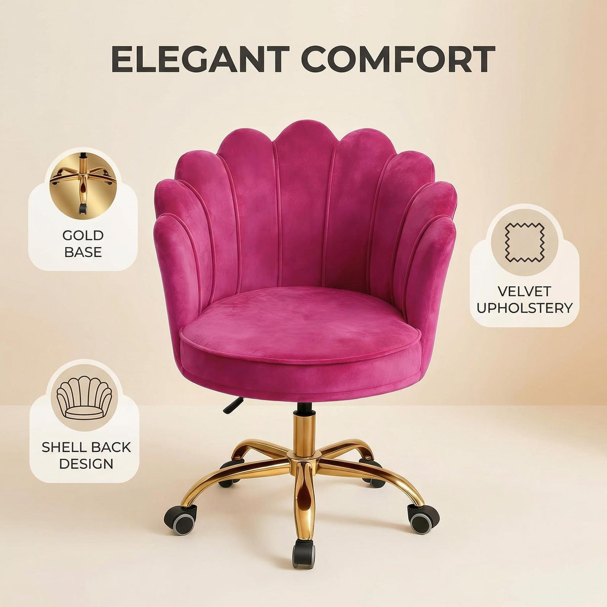 Velvet Schelp Bureaustoel Fuchsia met Goudkleurig onderstel | Russle