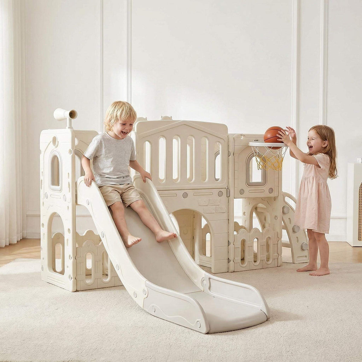 Speeltoestel Toren XL modern grijs met glijbaan en basket voor kinderen