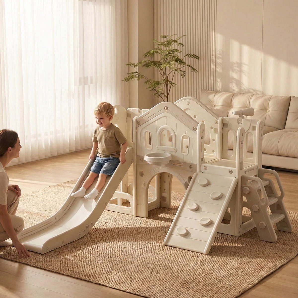 Speeltoestel Toren XL Nature met Glijbaan en Klimwand - Beige | Russle