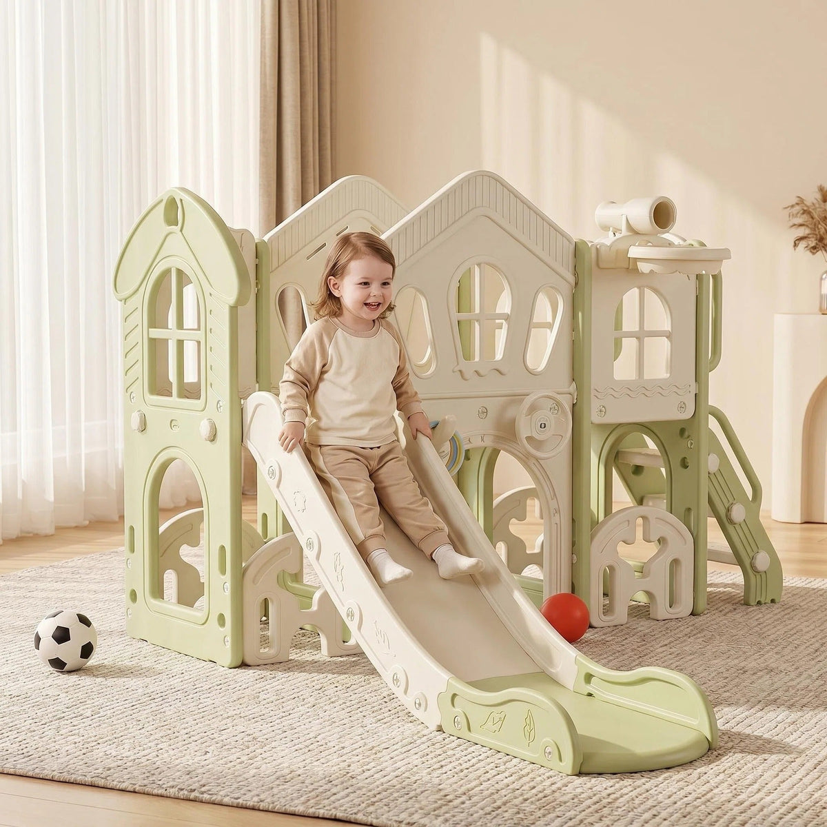 Russle Army Speeltoestel Toren XL Natural met Glijbaan en Basket voor kinderen binnen en buiten