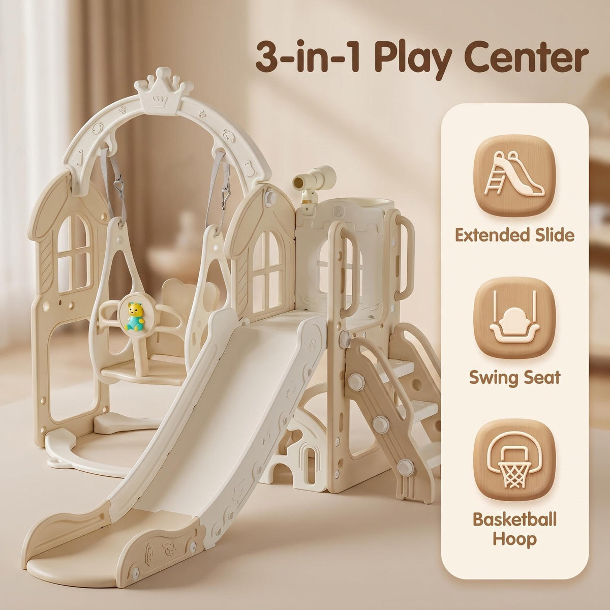 Speeltoestel Toren Natural met schommel en glijbaan neutrale kleur Beige voor kinderen binnen en buiten
