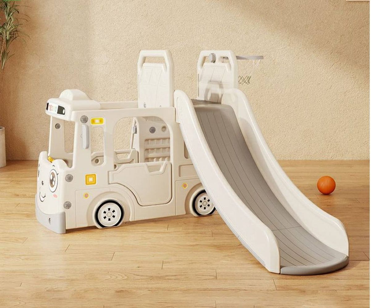 Speeltoestel Peuter Busje robuust grijs/wit met glijbaan, stuur en basketbalring voor binnen en buitengebruik