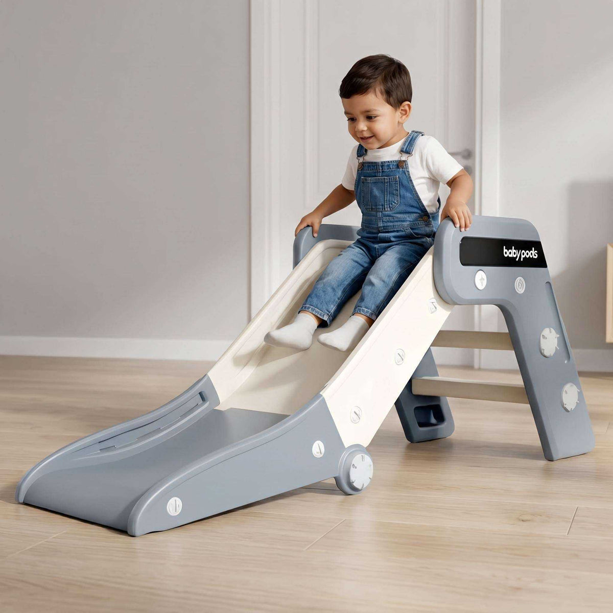 Glijbaan Peuter van kunststof in wit en grijsblauw, met brede glijbaan, antislip treden en inklapbaar frame