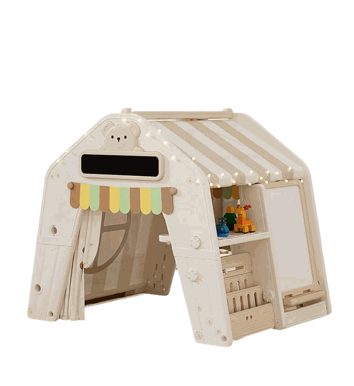 Kunststof Speelhuisje Tent in beige met gestreept stoffen dak, gekleurde luifel en open speelruimte met plankjes