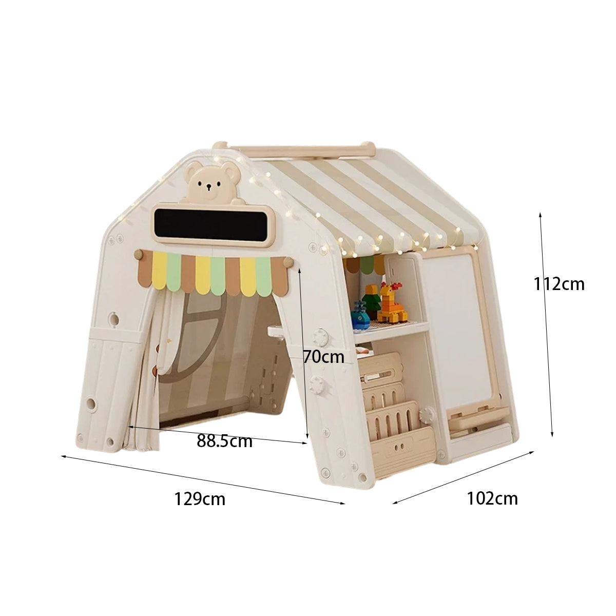 Kunststof Speelhuisje Tent in beige kunststof met gestreept stoffen dak, toonbank, opbergvakken en tekenbord