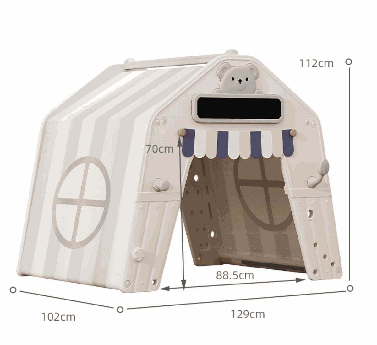 Grijs kunststof speelhuis tent voor peuters en kleuters met stoffen dak en accessoires, geschikt voor binnen en buiten.