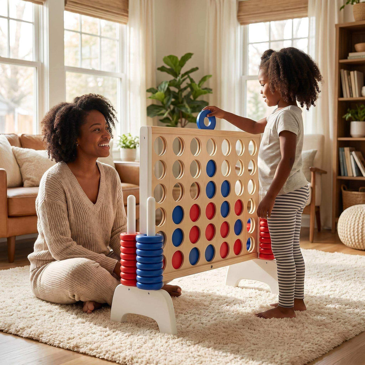Montessori XXL 4 op een Rij met groot houten speelbord, crèmekleurig frame en rode en blauwe speelstenen