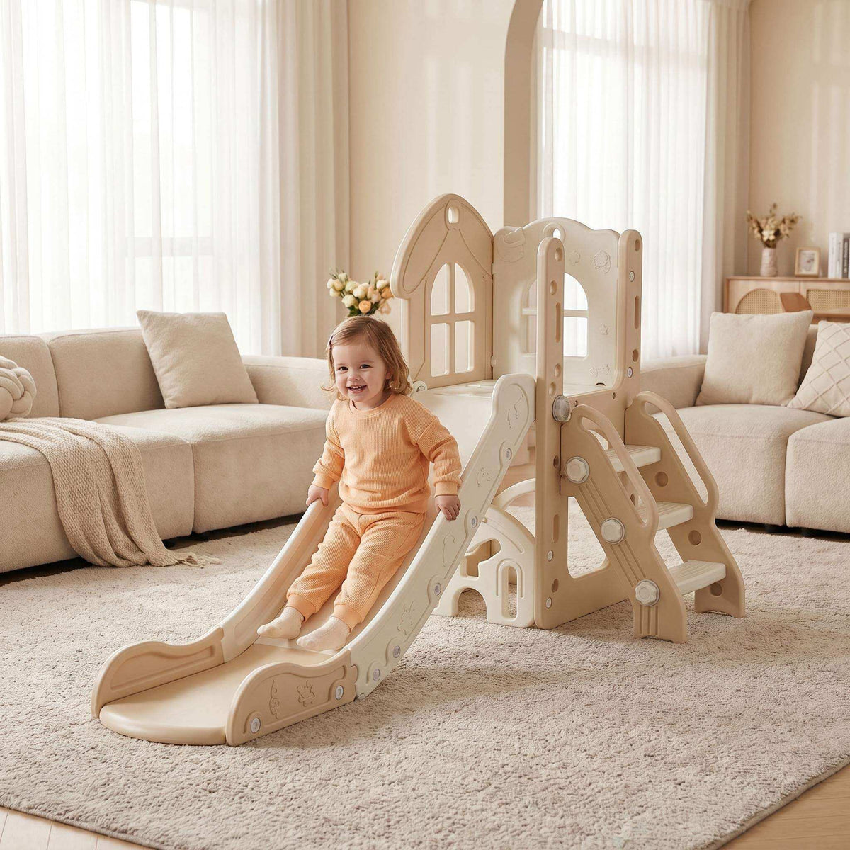 Speeltoestel Toren Natural met Glijbaan - Beige, kunststof speeltoren met glijbaan, klimwand en antisliptreden in licht beige