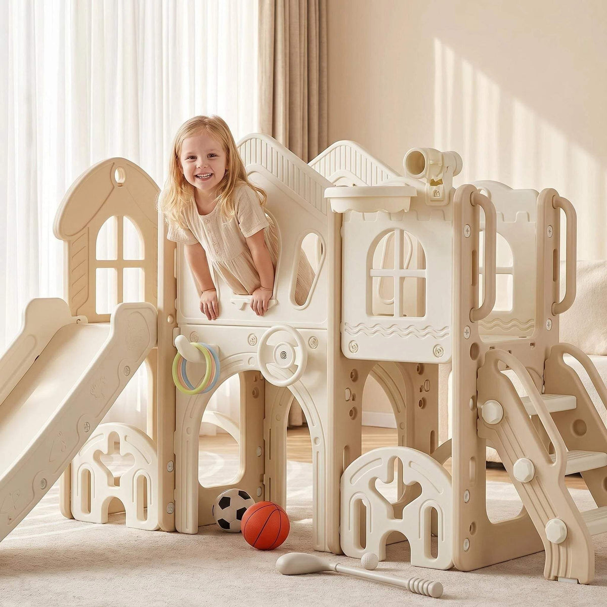 Speeltoestel Toren Natural XL met Glijbaan en Basket in beige kunststof, met glijbaan, klimtoren en basketbalring