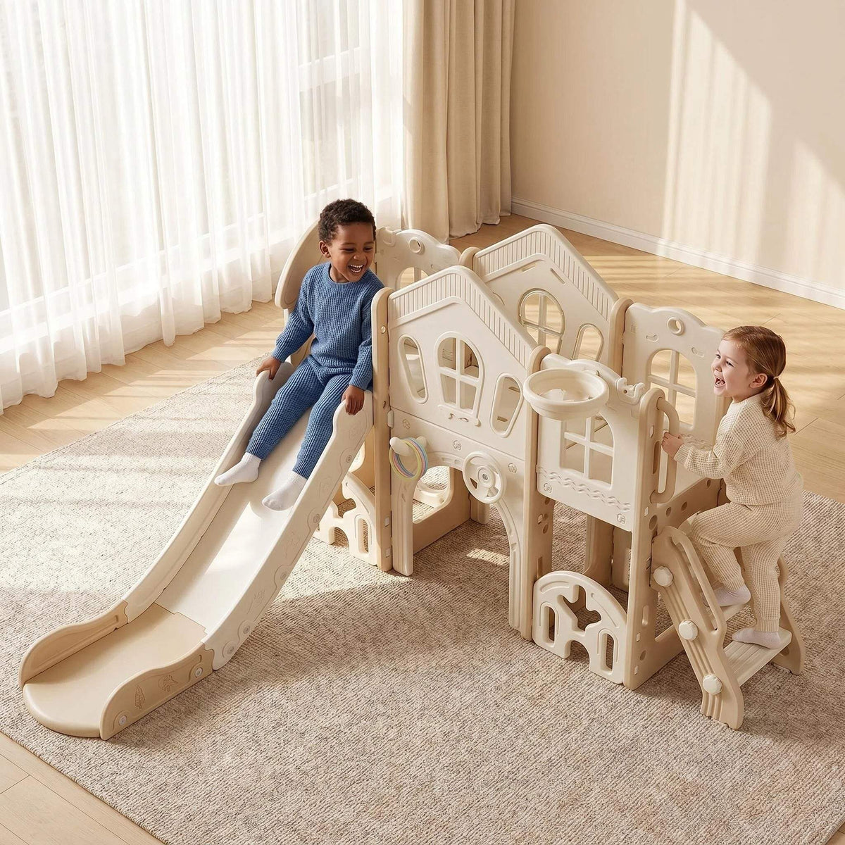 Speeltoestel Toren Natural XL met Glijbaan en Basket in beige kunststof, met klimtrap, platform en lange glijbaan