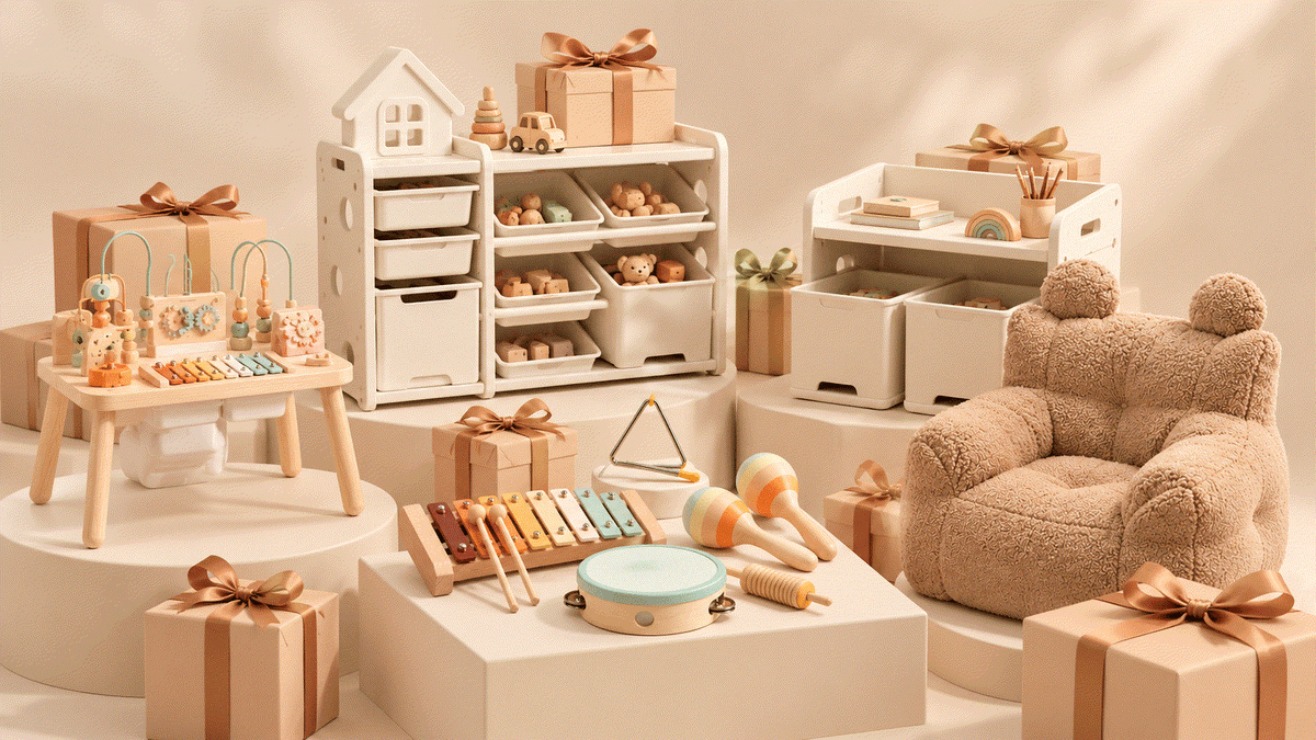 Cadeaus met houten babyspeelgoed, speelkeuken en zachte beige kinderfauteuil met teddybekleding en strikdozen