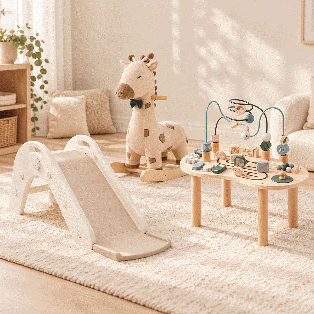 Cadeaus tot €75 met een houten kralenbaan, beige hobbelgiraf en crèmekleurige glijbaan voor kinderen