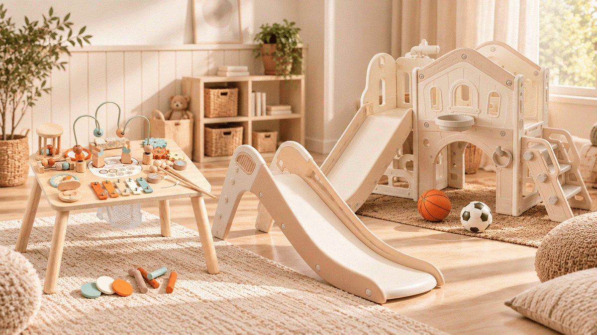 Deals met houten speelkeuken en lichtbeige glijbaan, gecombineerd met een speelhuisje en kleurrijk speelgoed.