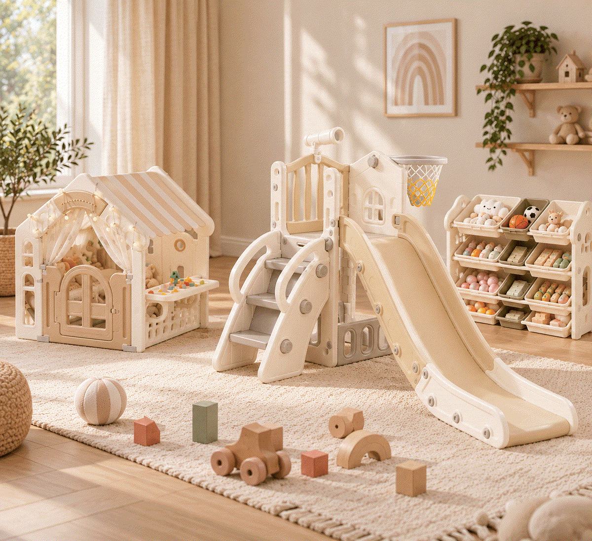 Nu Populair met een houten speelhuisje en klimtoestel met glijbaan, basketbalnet en naturel speelgoedblokken