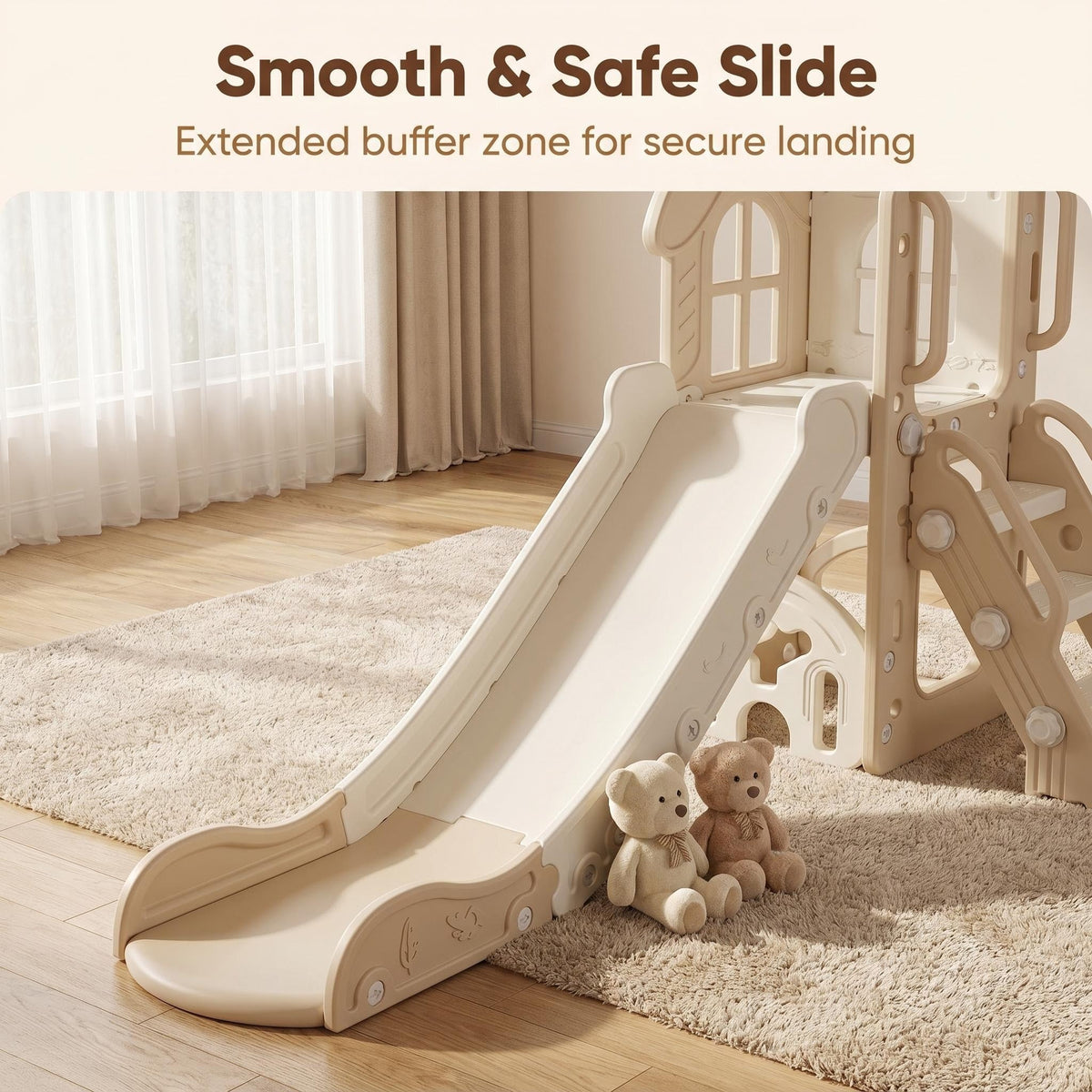 Beige Speeltoestel Toren Natural met schommel en glijbaan voor kinderen binnen en buiten in de tuin