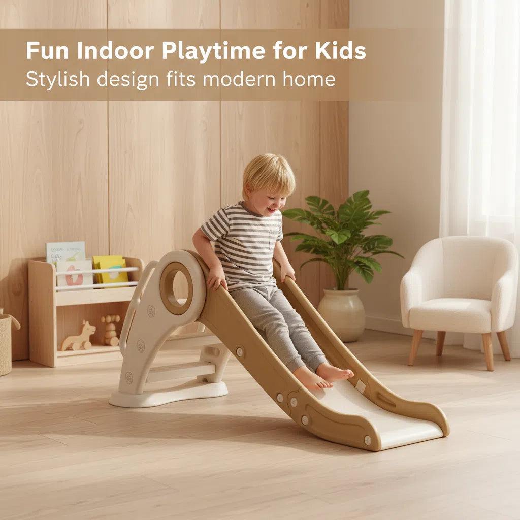 Wit/beige inklapbare glijbaan peuter voor binnen en buiten, duurzaam kunststof, compact en veilig speelgoed voor kinderen 1-5 jaar