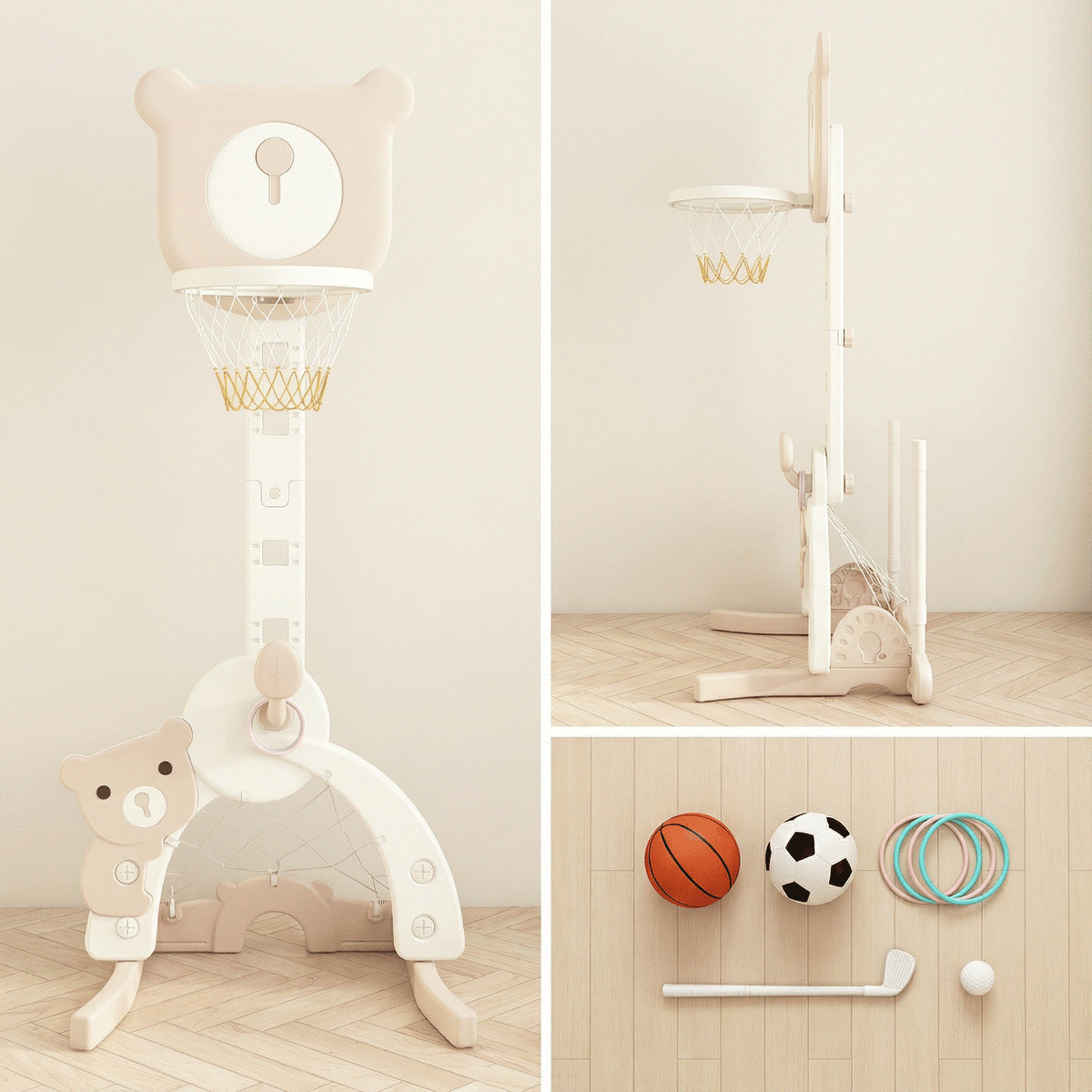 Basketbalstandaard 3 in 1 beige beer met basketbalring, voetbaldoel en golfset voor kinderen van 1-4 jaar