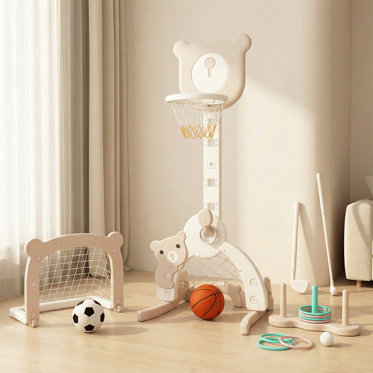 Beige Basketbalstandaard 3 in 1 met voetbaldoel en golfset voor kinderen, vormgegeven als beer