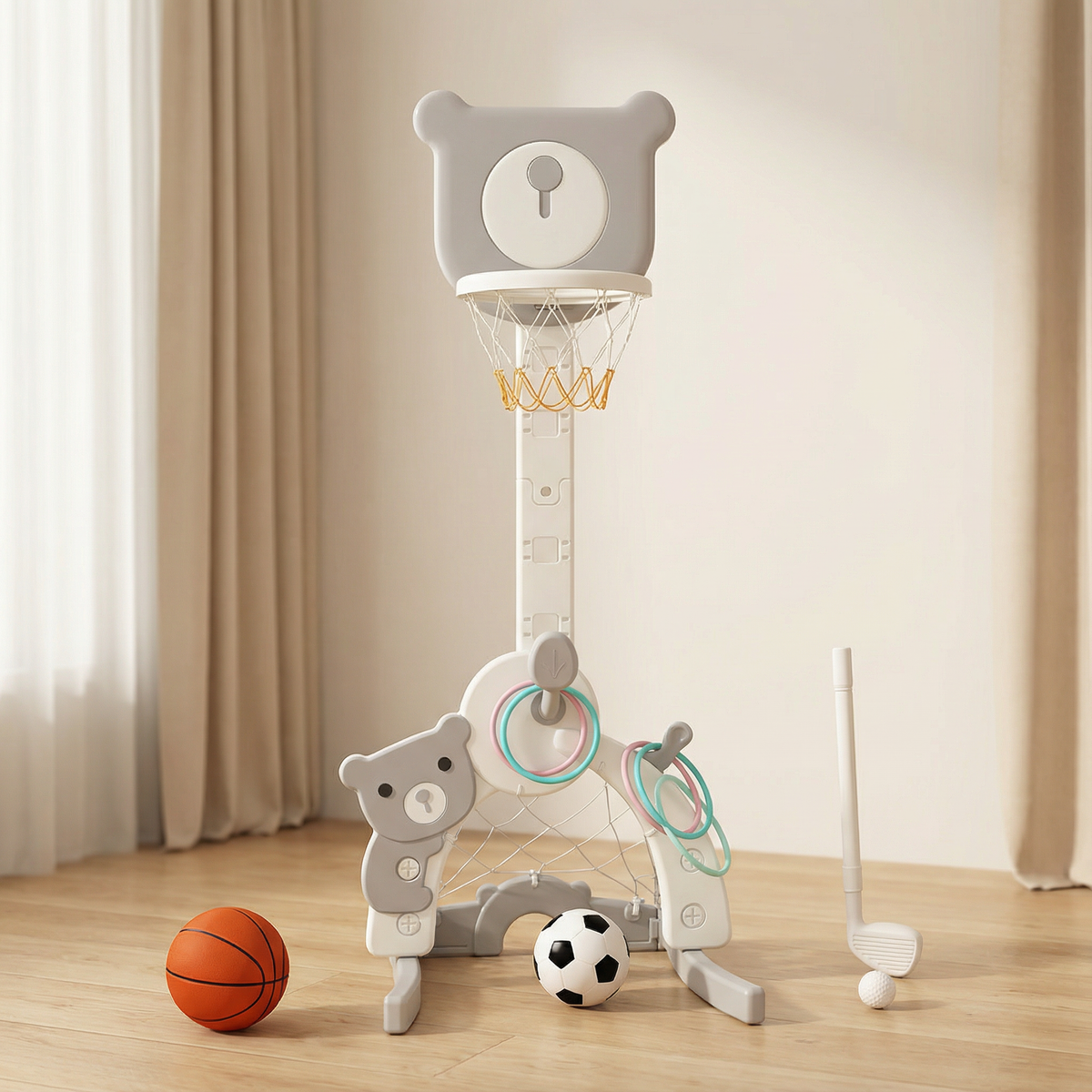 Basketbalstandaard 3 in 1, met voetbaldoel en golfset Beer Grijs | Russle