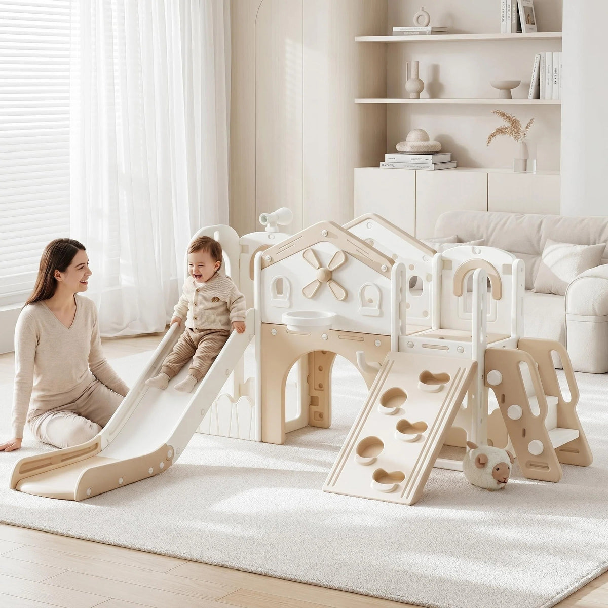 Speeltoestel Toren Holland XL met Glijbaan en Klimwand - Beige | Russle
