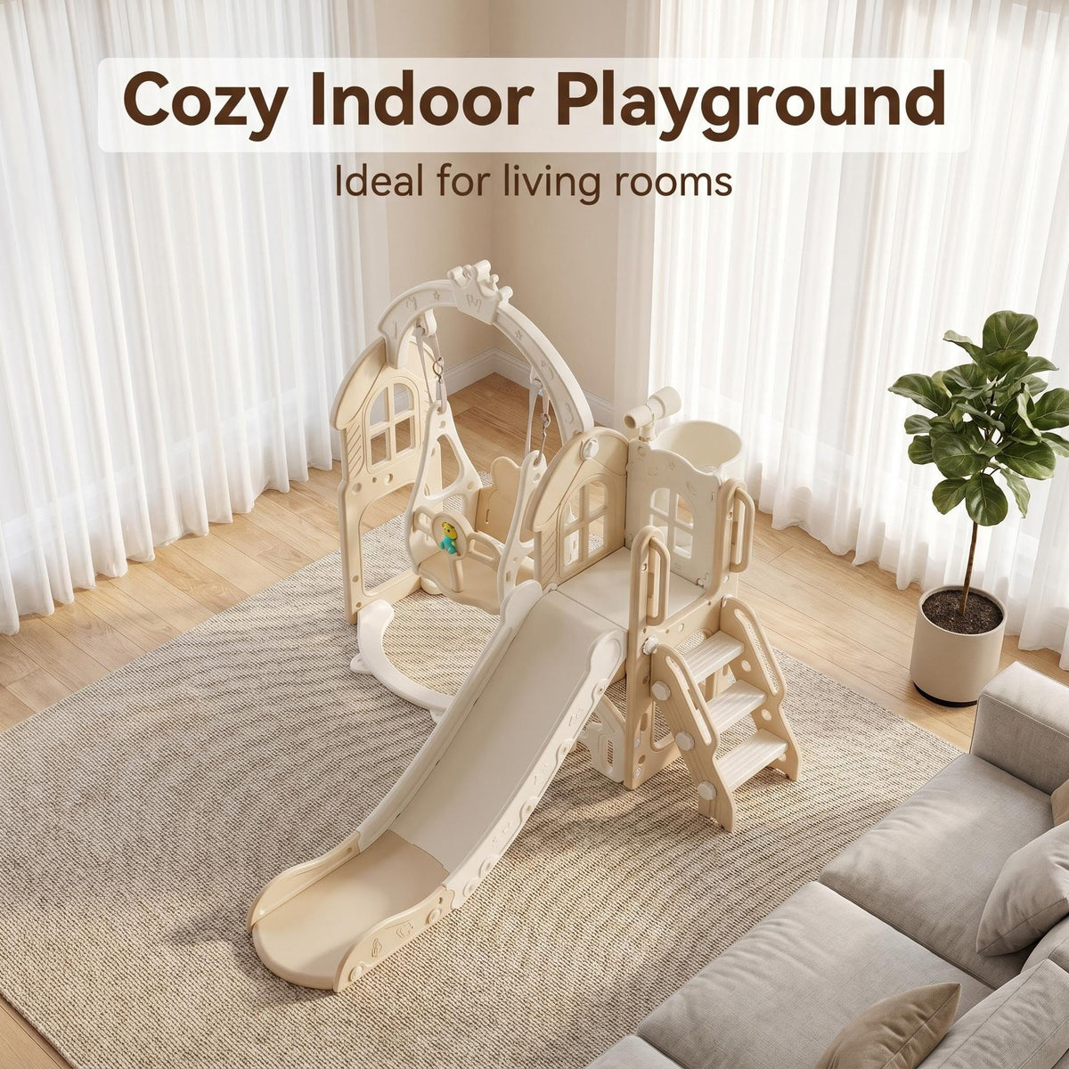 Speeltoestel Toren Natural met schommel en glijbaan in beige  voor kinderen binnen en buiten