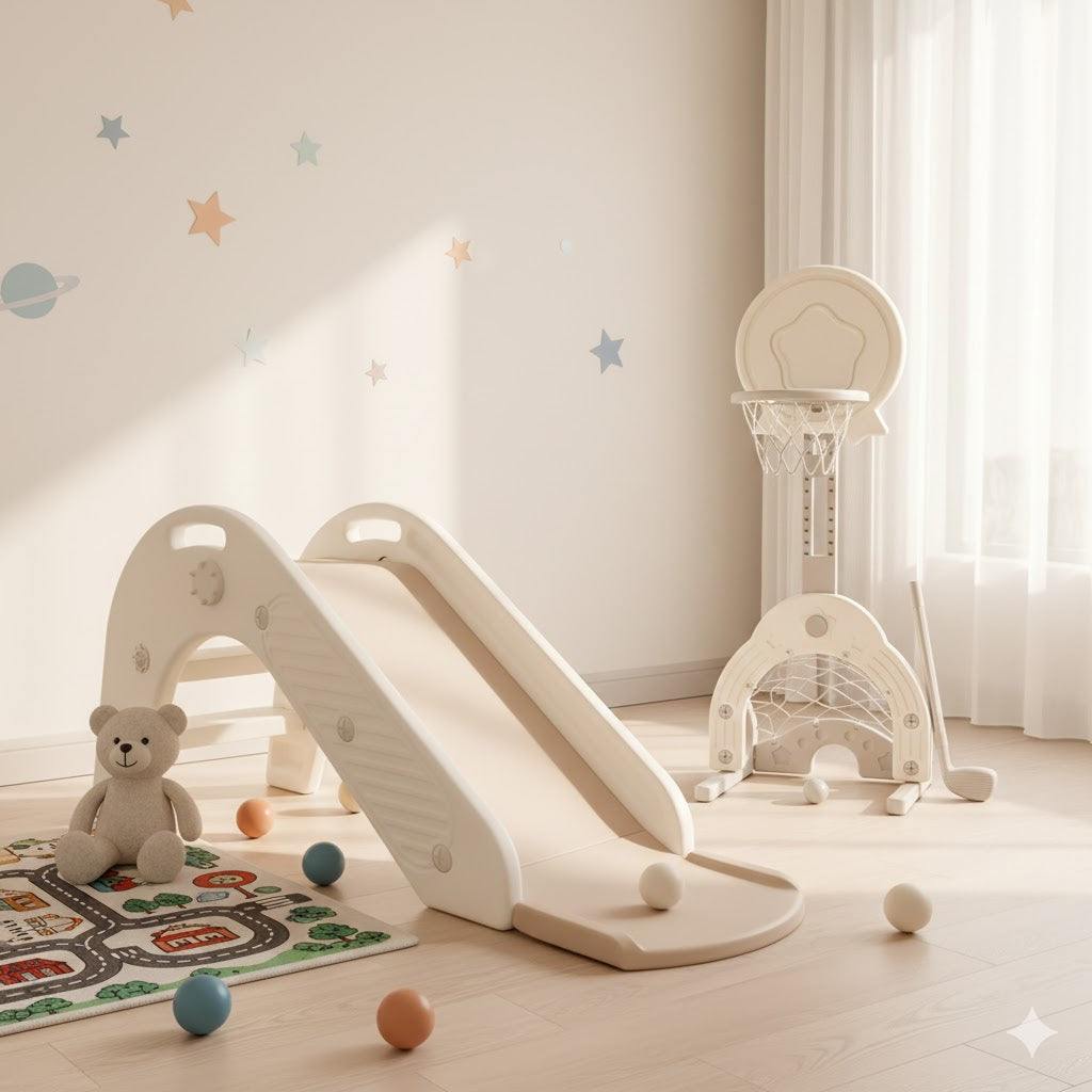 Glijbaan Peuter Basic in crème en beige kunststof, met afgeronde zijkanten, antislip treden en een stevige basis.