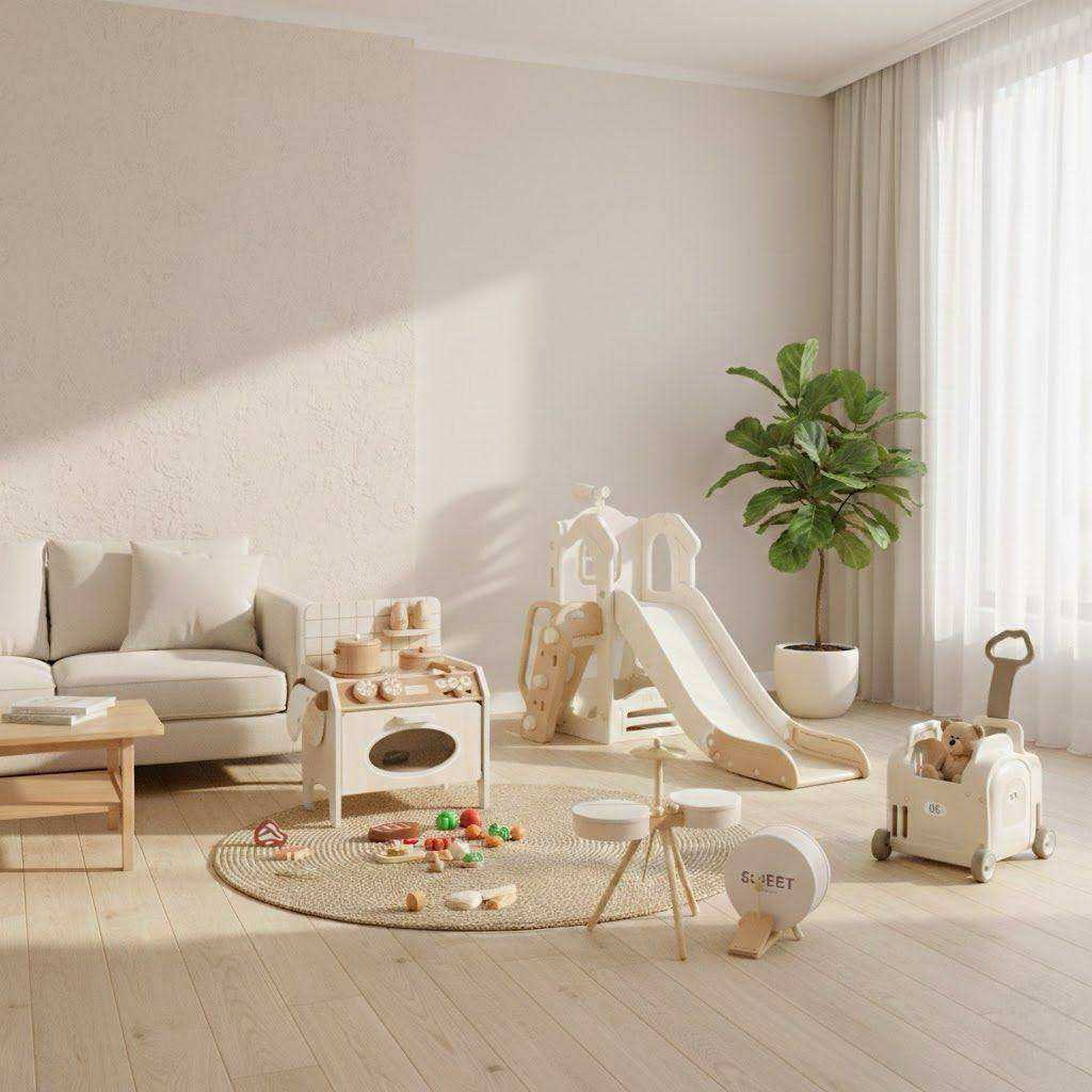 Houten Drumset in beige hout met trommels, bekkens en drumsticks, ontworpen als compacte peuterdrumset.