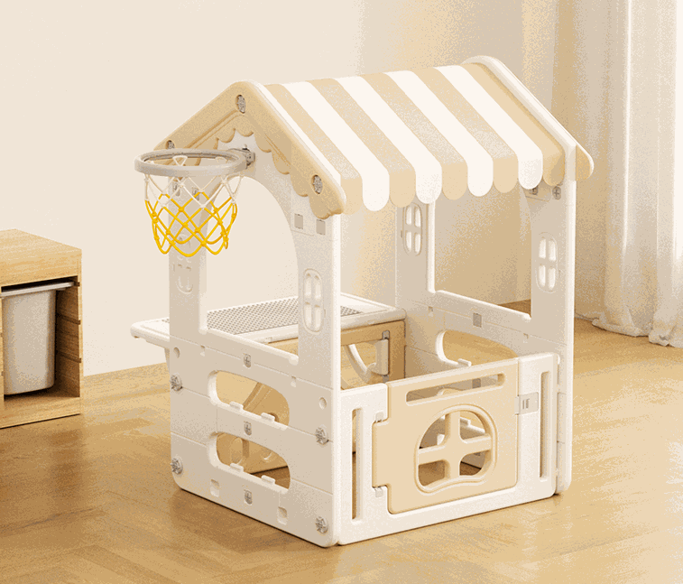 Kunststof Speelhuisje Modern in crème met gestreept dak, open vensters, hekje en basketbalring met geel net