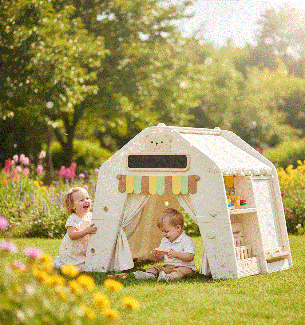 Kunststof Speelhuisje Tent in beige kunststof met licht stoffen dak, decoratieve luifel en open ingang met gordijnen