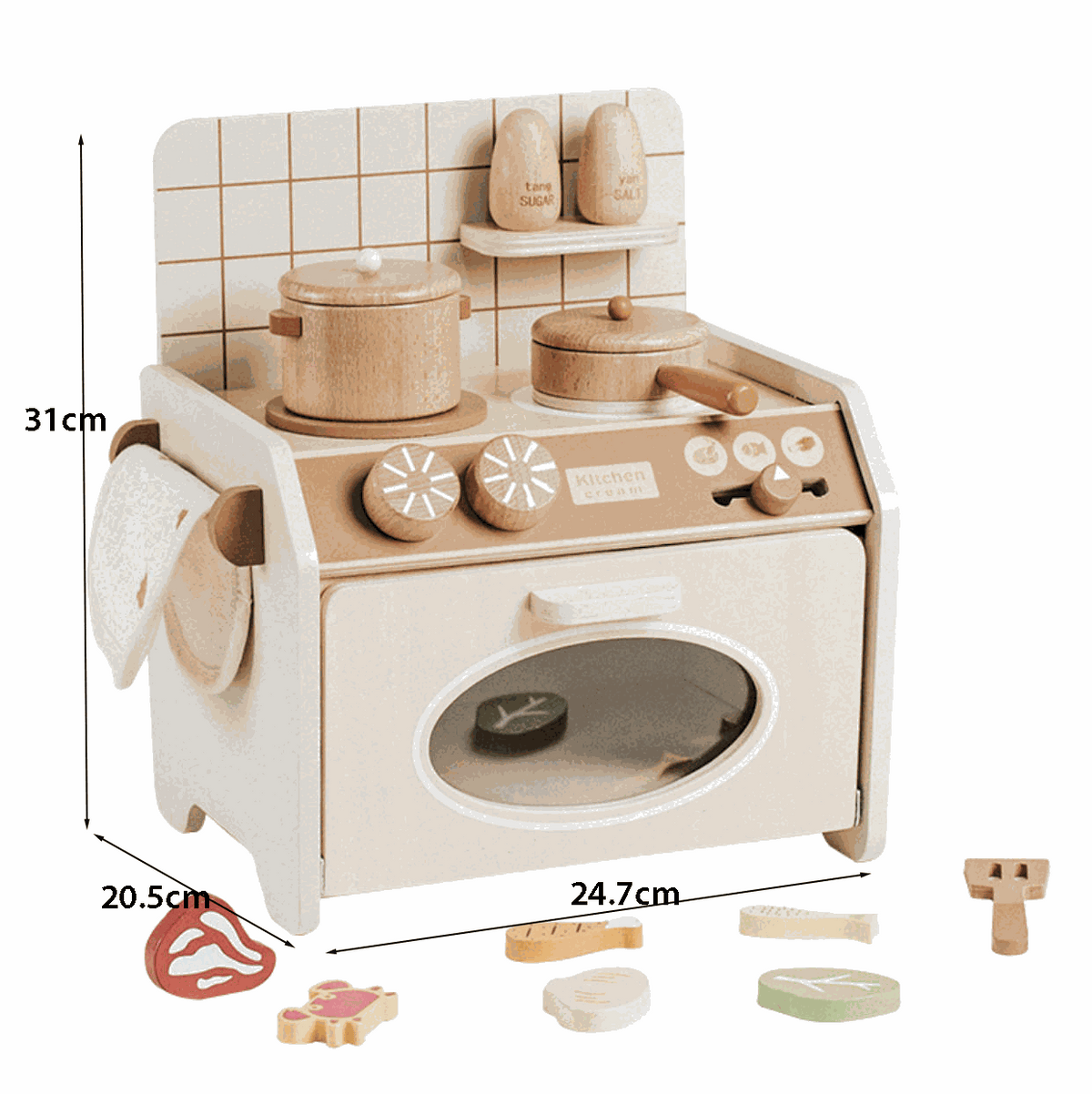 Speelkeukentje Hout in beige kunststof met tegelachterwand, kookpitten, pannetjes, oven en losse accessoires.
