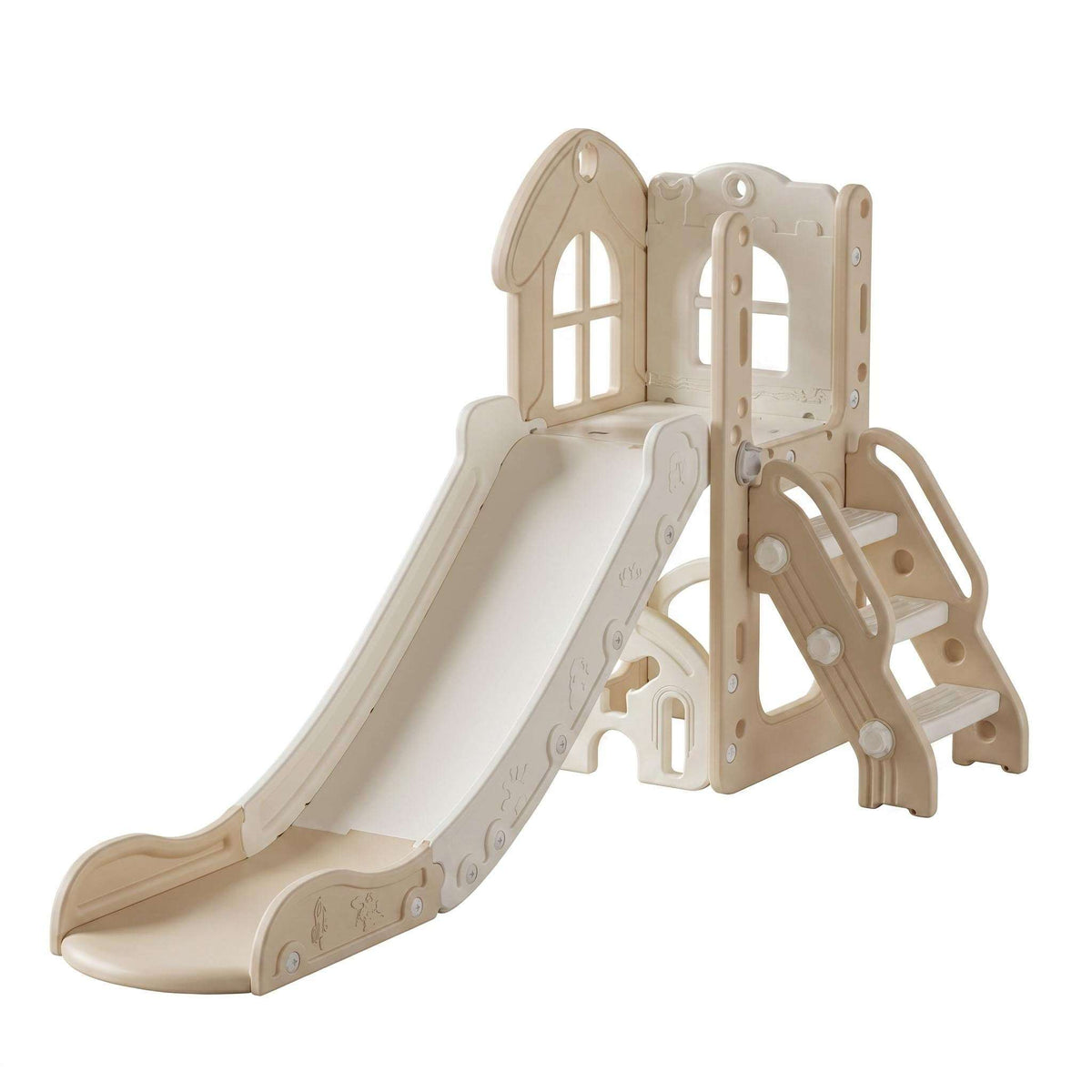 Speeltoestel Toren Natural met Glijbaan - Beige van beige kunststof, met verhoogd platform, trap en lange glijbaan.